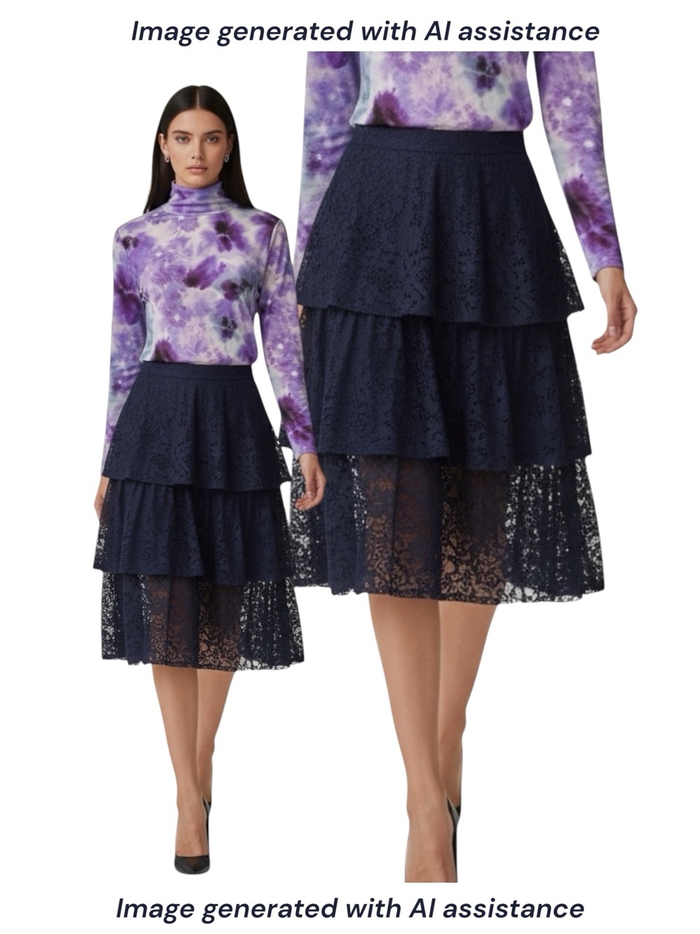 Zara M navy lace tiered midi skirt